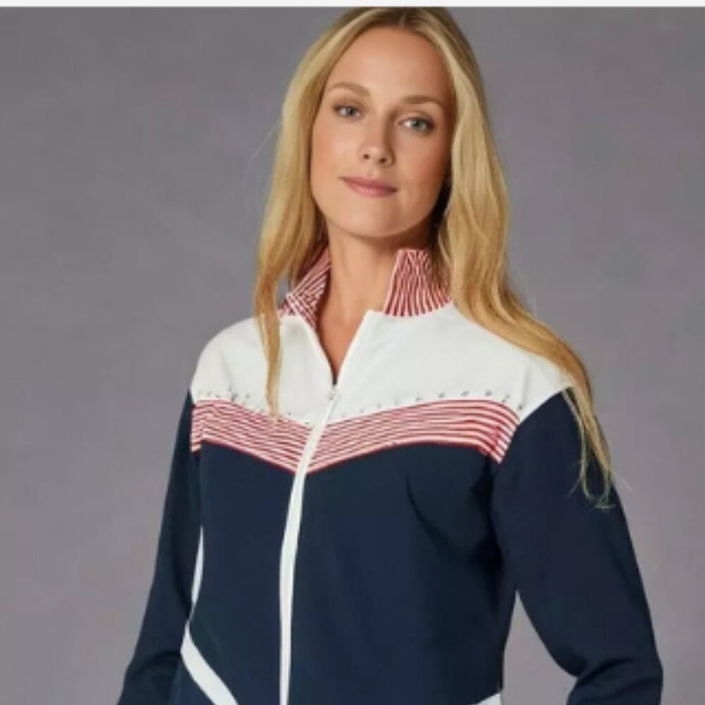 D&D Lifestyles Top Jacket Women Size LP Full Zip W/Pockets Rhinestones Patriotic